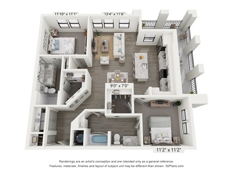 Floor plan for 2 beds, 2 baths, 1205 sqft